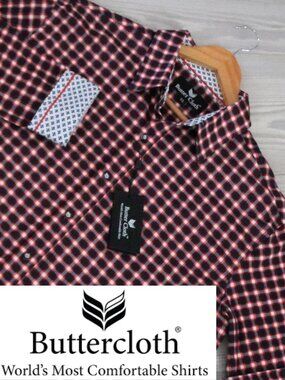 Butter Cloth Men's Plaid Burgundy Flip Cuff Size XL Preppy Button Front Shirt